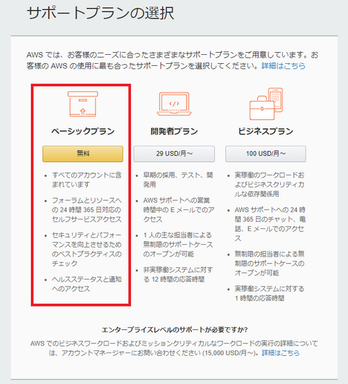 AWSベーシックプラン選択